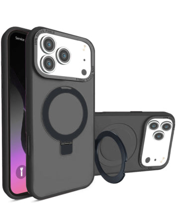 Shockproof Translucent Matte Slim Ring Holder Magnetic Case - Military Grade For iPhone 17 Pro Max - Black