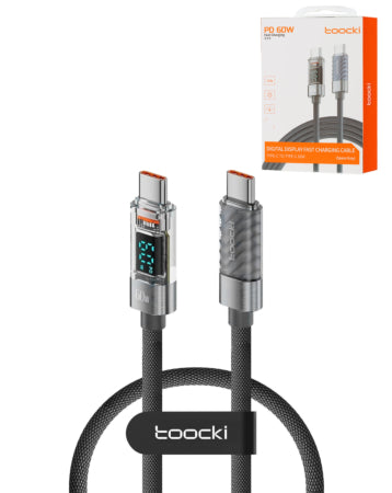 Toocki USB C-C Super Fast Charging Data Cable with Display - Gray - 60W - 1 Meter